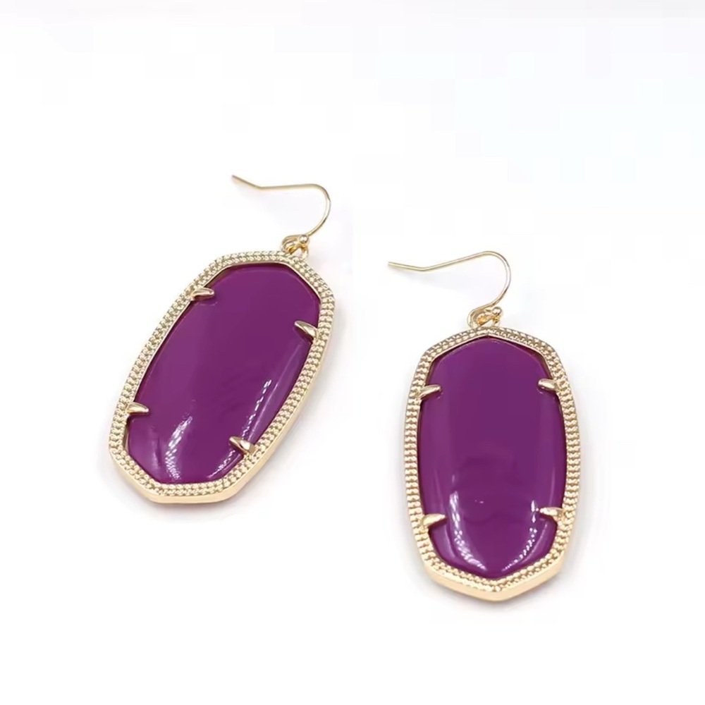Large 14k Gold plated Purple Lavender Hexagon Oval Dangle Statement earrings